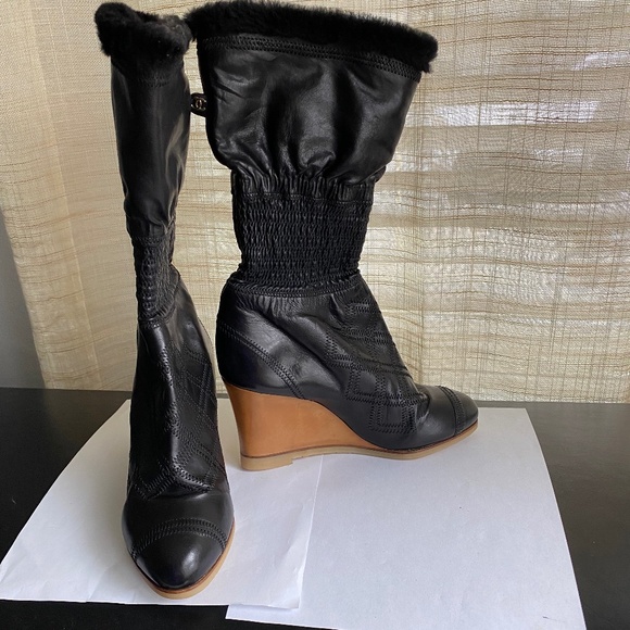 CHANEL, Shoes, Chanel Black Leather Tan Wedge Boots Size 366 Elastic